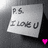 A static image of a white sticky note with handwritten text "P.S. I LOVE U" on a dark background, accompanied by two small pink heart icons.
