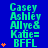 Blue background with green text reading Casey Ashley Allye& Katie= BFFL and orange star icons in a pattern