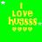 Green background with yellow text "I Love hugs" and five yellow hearts, stars animate in white and light green around the text.