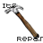 Pixelated hammer icon with brown handle and silver head, displayed in a with partial text fragments around it
