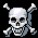 Pixel art image with skull and crossbones, treasure chest, and text 'Yo Ho Yo Ho' in red and white on black background.