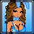 Pixel art contact sheet showing two frames of an animated icon: a cartoon woman in blue outfit on left, and text "100% Naughty" on right against light blue background.