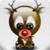 Pixelated reindeer with antlers, red nose, and large eyes in a snow globe-like background.