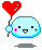 A 3x3 contact sheet of pixel art frames showing a light blue cartoon character with pink cheeks holding a red heart-shaped balloon, displaying subtle animation changes across sampled frames.