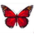 A red butterfly with brown and black wing details on a white background, next to pink text on a yellow background.