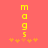 Yellow pixelated text 'M O G S' vertically aligned above orange star-like shapes on a solid coral background.