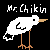 Pixelated white bird with brown legs and beak stands on black background beneath stylized text reading 'Mr. Chikin' in white block letters.