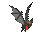 Pixelated bat with gray wings and orange feet, yellow eyes, flying in four distinct poses against a light gray background.
