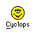 Four identical pixelated yellow smiley faces with black outlines, red mouths, and varying eye expressions arranged in a above the text "Cyclops" on a gray background