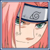 Pink-haired anime character with green eyes and forehead scar, wearing silver headband with spiral symbol, displayed in of static