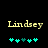 Two side-by-side pixelated displays of the name 'Lindsey' in yellow text above turquoise and dark teal puzzle-piece symbols on a black background.