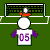 Animated soccer-themed icon showing a player in a white jersey with purple sleeves and '05' on the front, kicking a ball toward a goal on a green field, with 'SALAS' text scattered on a black background.