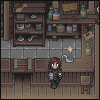 Pixel art scene of a character with red hair standing in a dimly lit room filled with wooden shelves holding bottles, bowls, and tools.