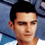 Static 50x50 pixel buddy icon showing a close-up of a person's face with dark hair against a blue gradient background, rendered in low-resolution pixel art style.