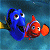 A split-screen animated buddy icon featuring two cartoon fish characters on the left and green text on a dark background on the right, with visible pixelation and dithering effects.