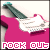 Pixelated icon shows a pink electric guitar with white pickguard and dark green neck, positioned diagonally over a light background with 'ROCK OUT' text below.