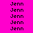 Pixelated text "Jenn" repeated across a bright pink background with intermittent green highlights on specific instances of the name.