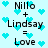 Light blue background with cyan heart shapes scattered throughout, featuring repeated text 'Nillo + Lindsay = Love' in black pixelated font.