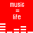 Red background with white pixelated text 'music = life' repeated four times and animated audio equalizer bars changing across frames.