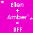 A bright pink background displays repeated text 'Ellen + Amber = BFF' with white pixelated text and small white stars scattered throughout.