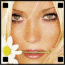 Pixelated face with blonde hair and a daisy flower, showing two animation states where corner squares change color.