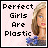 Pixelated image of a woman with shoulder-length brown hair wearing a blue bow, next to text reading "Perfect Girls Are Plastic" on a light pink background.