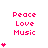 Pixelated pink text "Peace Love Music" appears above heart symbols on a white background, with varying numbers of hearts across repeated positions