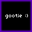 Four identical square arranged in a , each displaying white pixelated text 'gootie :)' on black background with purple border