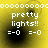 Yellow background with pixelated text 'pretty lights!!' and '=->0 =->0' in white, four identical arranged in a , no visible animation changes between observations