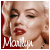 Marilyn Monroe face with red lips and blonde hair, text 'Marilyn' below on red background.