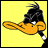 Animated contact sheet of Daffy Duck's face in various expressions across seven frames on a yellow background with black borders and one gray frame placeholder.