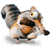 Pixelated cartoon squirrel with brown, white, and black fur stands in a crouched pose holding an orange object.