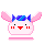 Pixel art bunny with pink ears and body, blue bow on head, red cheeks and mouth; animated sequence shows eye closures and red lines above head.