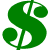 Green dollar sign symbol with rounded curves and white negative space, rendered in pixelated style on solid white background.