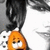 A pixelated orange cartoon character with a wide smile and dark eyes, partially obscured by black hair against a gray background.