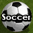 A soccer ball with black and white on a green background, overlaid with the word "Soccer" in bold white text