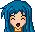 Pixel art avatar with blue hair showing five distinct facial expressions