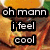 A four- shows a bowl of orange soup, fried food, and green garnish with overlaid text reading "oh mann i feel cool" on the left and "cus im eating an eggroll" on the right