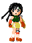 Pixel art character with black pigtails, green top, yellow shorts, white socks, brown shoes; holds a red and orange object in right hand.
