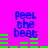 Pixelated blue text "Peel the beat" on bright pink background with green horizontal bars changing position across frames.