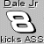A contact sheet of two animated frames showing a white number 8 and a red race car with the number 9, both labeled "Dale Jr" above and "kicks ASS" below on a gray background.