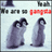 Pixelated penguin scene with three figures on light background, green text overlay on purple border. Animated elements include shifting text and possible movement of the rightmost penguin.