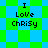 Pixelated text "I Love Chrisy" on a green and blue checkered background with alternating square and diamond patterns.