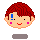 Pixel art avatar with red hair, pink cheeks, and blue eye marks, showing sequential animation of hand movements near the face.
