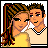 Pixel art contact sheet showing two animated frames of a couple with one frame featuring text and a logo on a pink background.