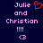 Pixelated text displays 'Julie and Christian' with exclamation marks, a heart symbol, and a smiley face on dark blue background.