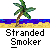 Pixel art animation of a character with green cap and white shirt smoking under palm trees on beach, text "Stranded Smoker" below.