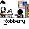 A contact sheet of 11 animated frames showing a pixel art robbery scene with stick figures, speech bubbles, and repeated "Robbery" text labels.
