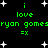 Green pixelated text and white stars on a black background, with repeated phrases 'i love ryan gomes' and '=x' in two mirrored sections.