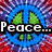 Pixelated icon with blue peace sign symbols, text reading Peace... Love... and HAPPINESS :), and a red-purple-blue radial background.